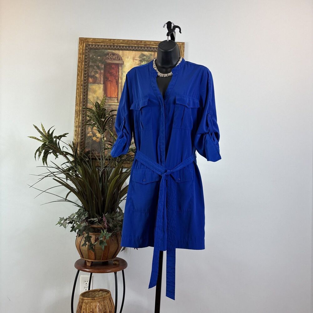 Express Shirt Dress Women M Blue Roll Tab Sleeve Belted Open Hidden Button Front